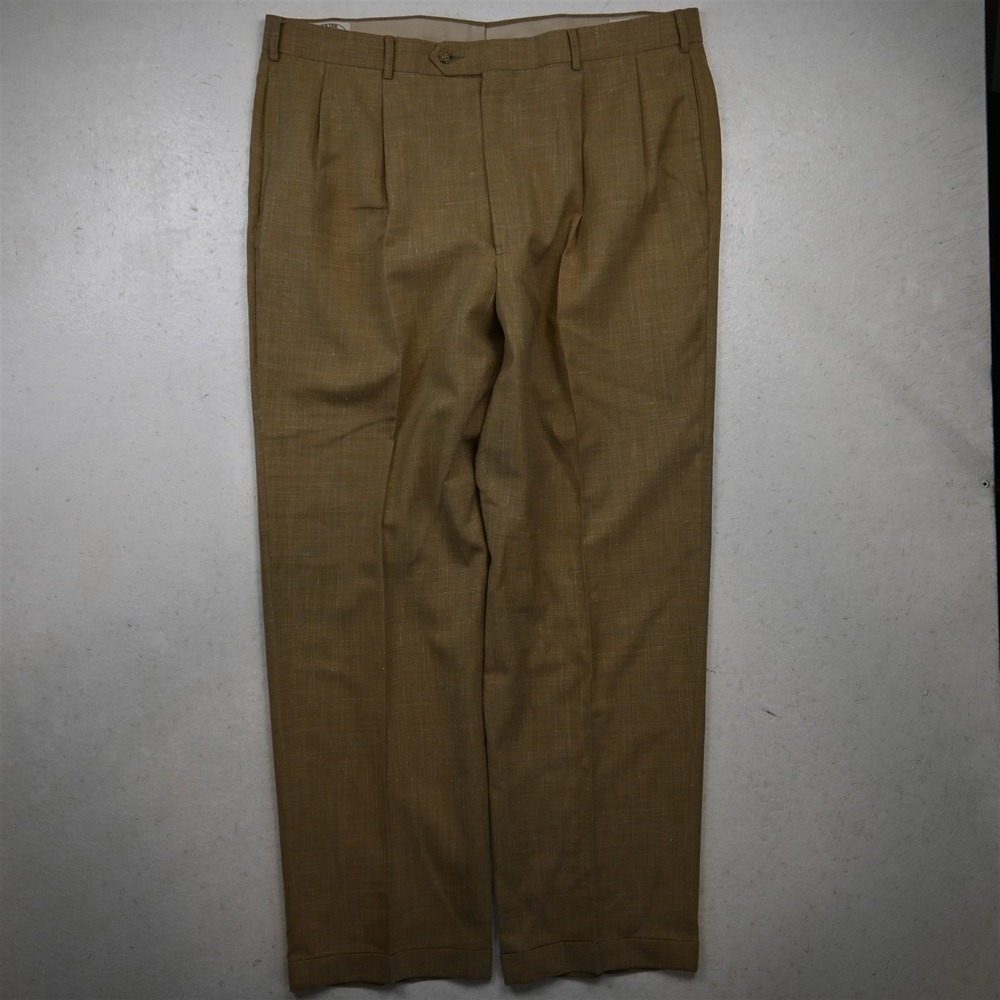 Vtg USA Made Majer 38x32 Beige Yellow Linen Pleated Cuffed Baggy Dress Pants